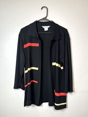 Misook Exclusively Misook Black + Red & Yellow Striped Open Cardigan Size Large